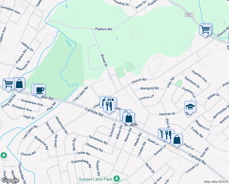 map of restaurants, bars, coffee shops, grocery stores, and more near 2400 Broad Street in York