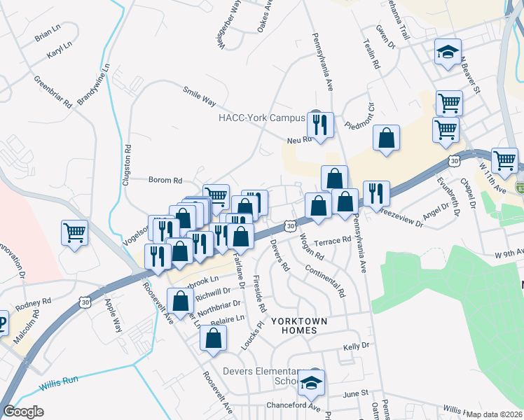 map of restaurants, bars, coffee shops, grocery stores, and more near 1600 Devers Road in York