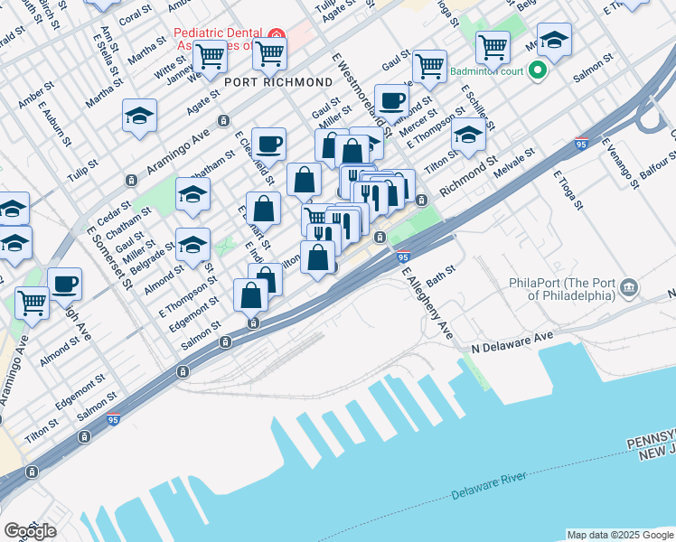 map of restaurants, bars, coffee shops, grocery stores, and more near 3105 Richmond Street in Philadelphia