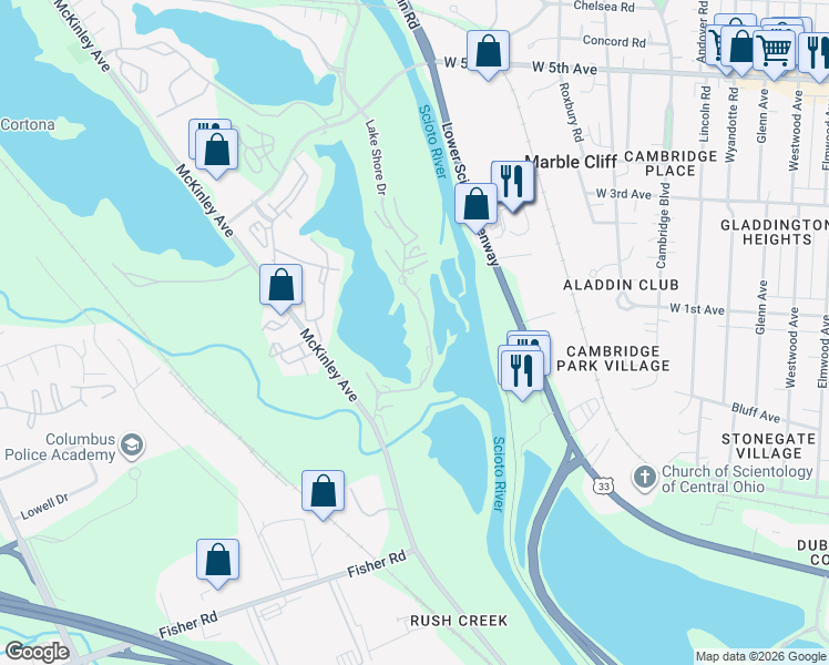 map of restaurants, bars, coffee shops, grocery stores, and more near 1297 Lake Shore Drive in Columbus