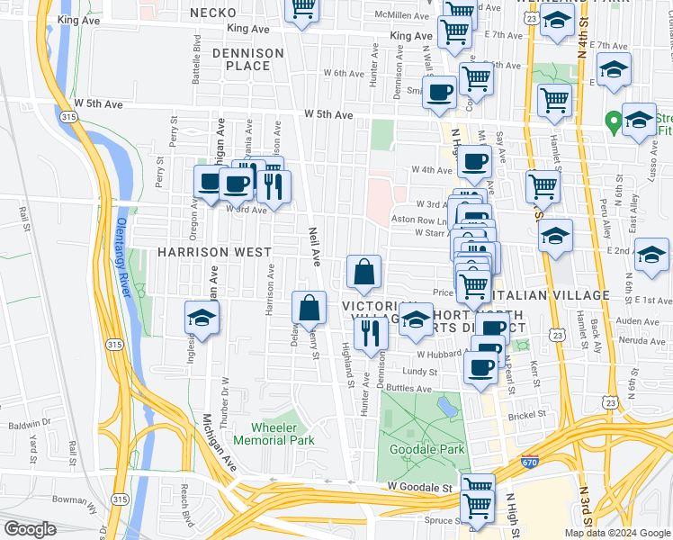 map of restaurants, bars, coffee shops, grocery stores, and more near 956 Neil Avenue in Columbus