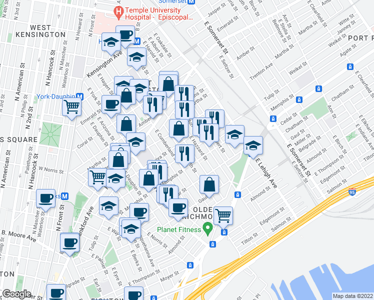 map of restaurants, bars, coffee shops, grocery stores, and more near 2530 Tulip Street in Philadelphia