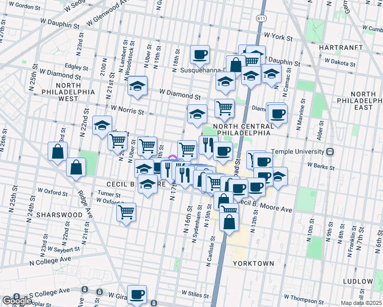 map of restaurants, bars, coffee shops, grocery stores, and more near 1845 Willington Street in Philadelphia