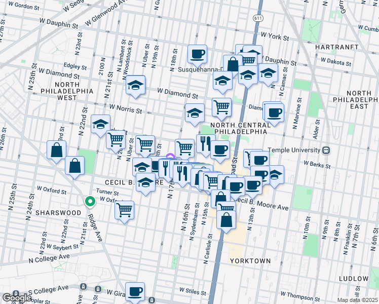 map of restaurants, bars, coffee shops, grocery stores, and more near 1845 Willington Street in Philadelphia