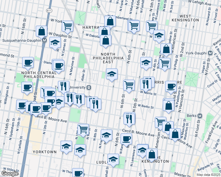 map of restaurants, bars, coffee shops, grocery stores, and more near 1940 North 7th Street in Philadelphia