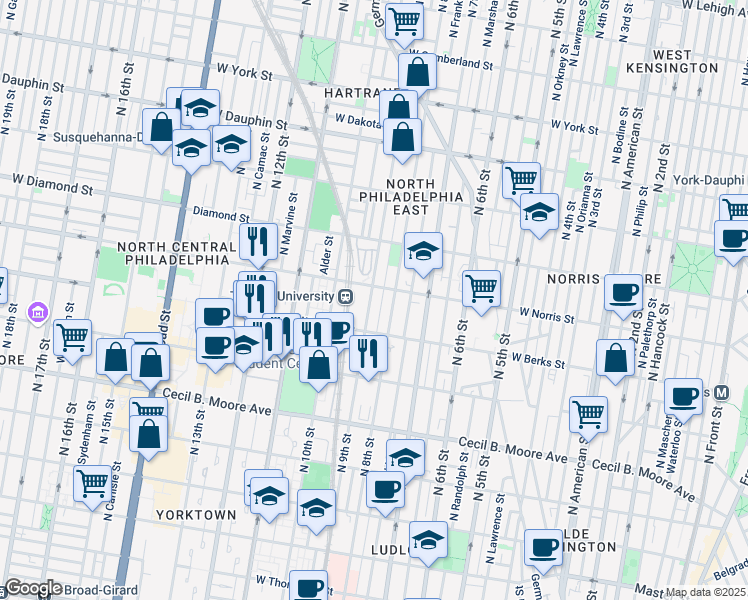 map of restaurants, bars, coffee shops, grocery stores, and more near 1955 North 9th Street in Philadelphia