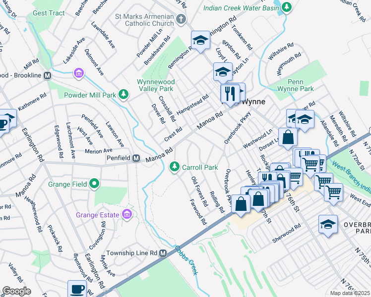 map of restaurants, bars, coffee shops, grocery stores, and more near 320 Old Forrest Road in Penn Wynne