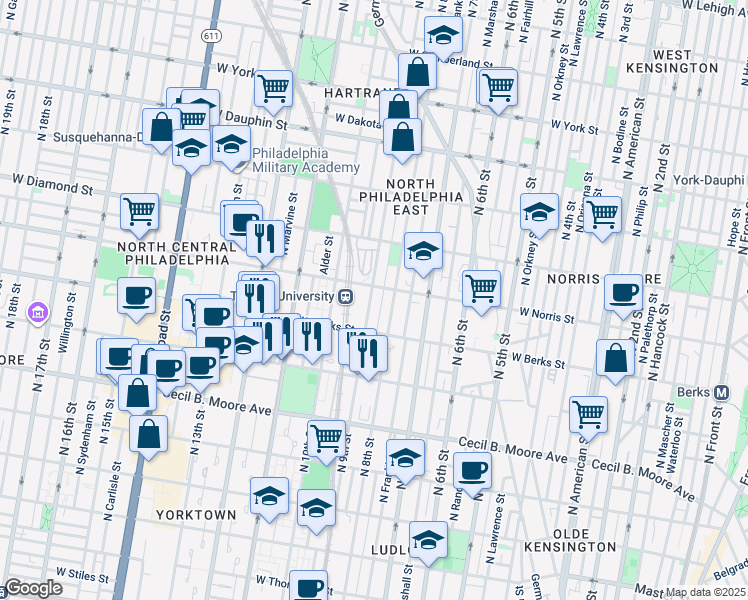 map of restaurants, bars, coffee shops, grocery stores, and more near 1955 North 9th Street in Philadelphia