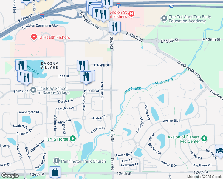 map of restaurants, bars, coffee shops, grocery stores, and more near Olio Road & East 131st Street in Fishers