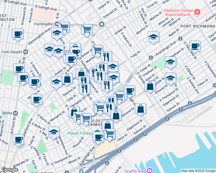 map of restaurants, bars, coffee shops, grocery stores, and more near 2343 East Albert Street in Philadelphia