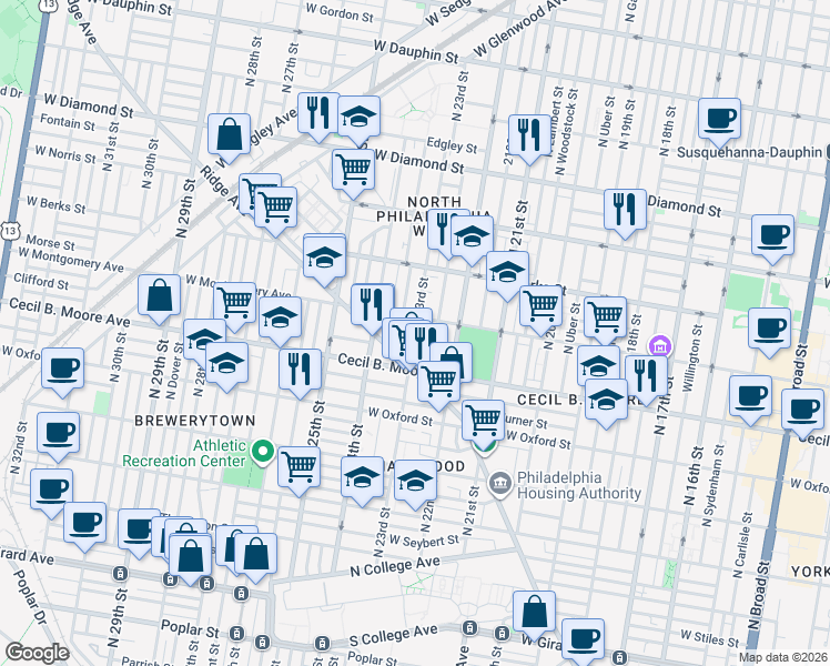 map of restaurants, bars, coffee shops, grocery stores, and more near North 23rd Street in Philadelphia