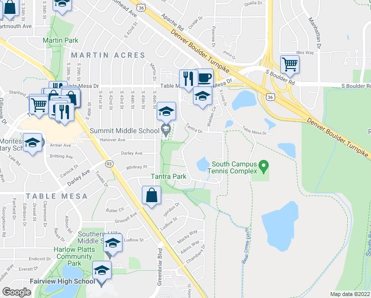 map of restaurants, bars, coffee shops, grocery stores, and more near 990 West Moorhead Circle in Boulder