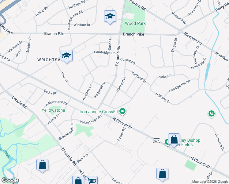 map of restaurants, bars, coffee shops, grocery stores, and more near 416 Hartford Drive in Cinnaminson