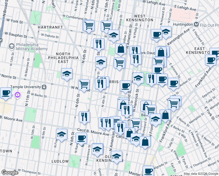 map of restaurants, bars, coffee shops, grocery stores, and more near 263-73 West Norris Street in Philadelphia