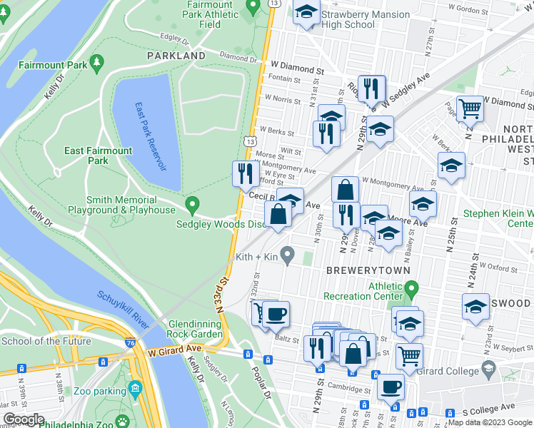 map of restaurants, bars, coffee shops, grocery stores, and more near N 32nd St & Turner St in Philadelphia