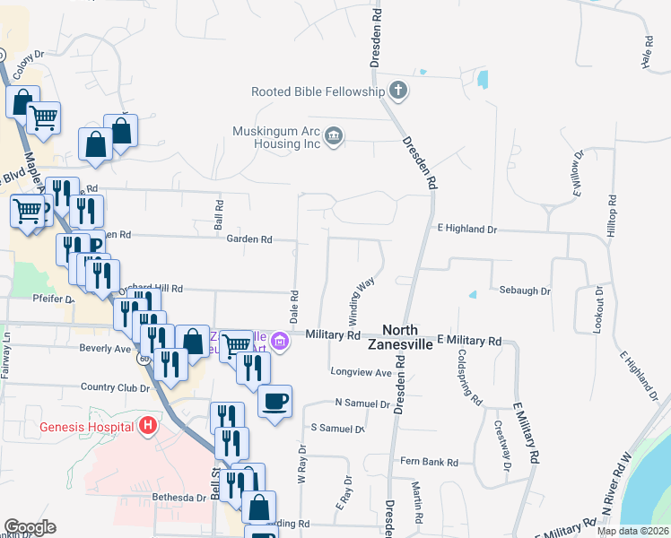 map of restaurants, bars, coffee shops, grocery stores, and more near 3085 Winding Way in Zanesville