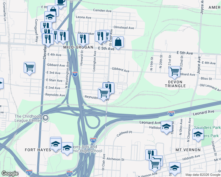 map of restaurants, bars, coffee shops, grocery stores, and more near 782 Saint Clair Avenue in Columbus