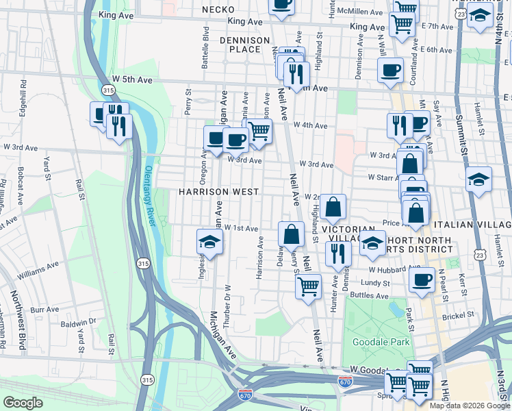 map of restaurants, bars, coffee shops, grocery stores, and more near 969 Harrison Avenue in Columbus