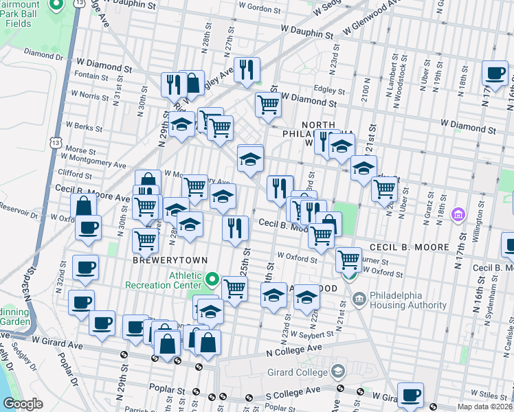 map of restaurants, bars, coffee shops, grocery stores, and more near 2447 Cecil B. Moore Avenue in Philadelphia