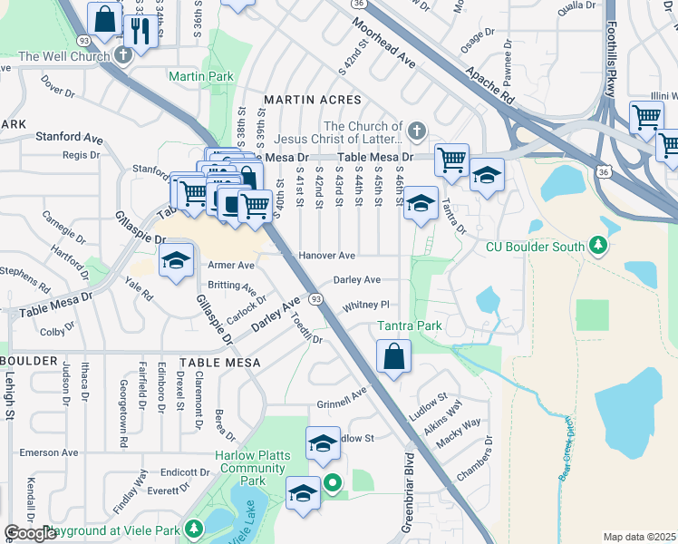 map of restaurants, bars, coffee shops, grocery stores, and more near 4300 Darley Avenue in Boulder