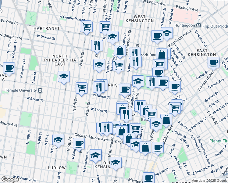 map of restaurants, bars, coffee shops, grocery stores, and more near 2030 North Bodine Street in Philadelphia