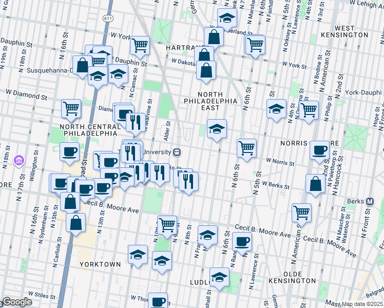 map of restaurants, bars, coffee shops, grocery stores, and more near 1955 North 9th Street in Philadelphia