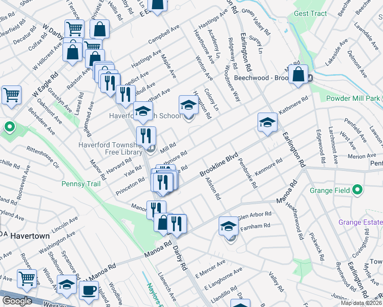 map of restaurants, bars, coffee shops, grocery stores, and more near 129 Kathmere Road in Havertown