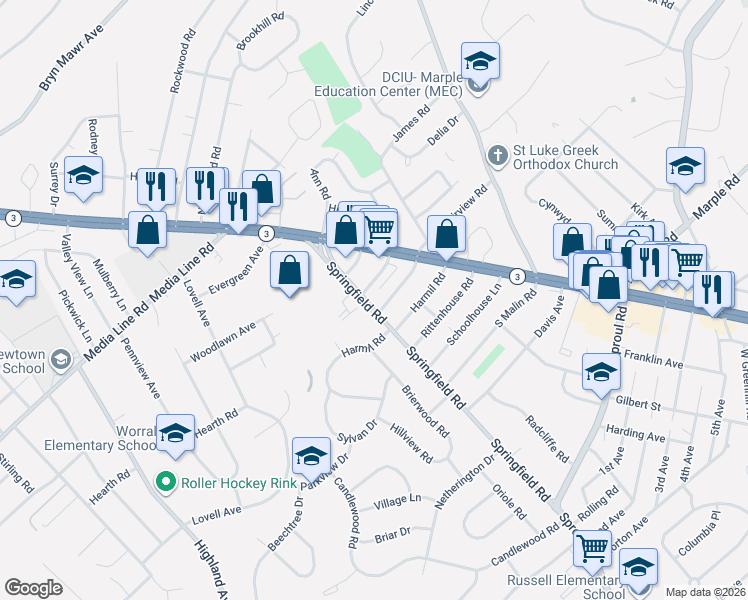 map of restaurants, bars, coffee shops, grocery stores, and more near 2824 Springfield Road in Broomall