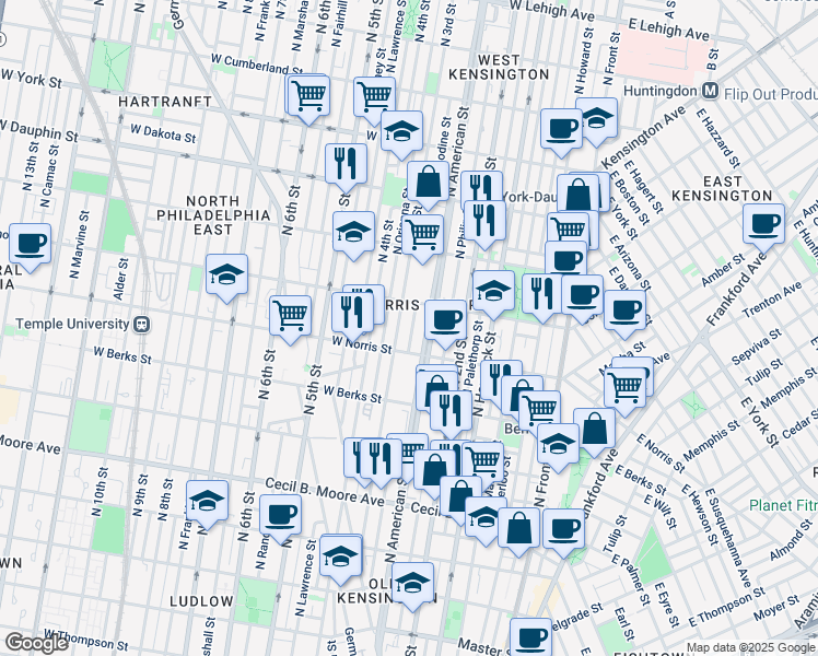 map of restaurants, bars, coffee shops, grocery stores, and more near 2030 North Bodine Street in Philadelphia