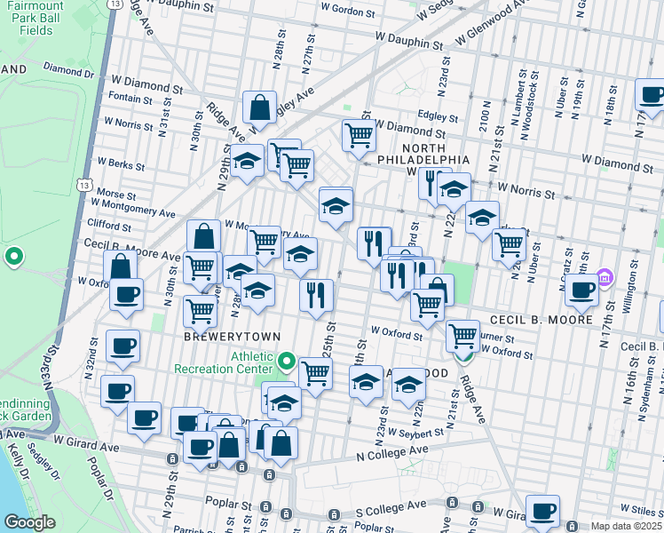 map of restaurants, bars, coffee shops, grocery stores, and more near 2447 Cecil B. Moore Avenue in Philadelphia
