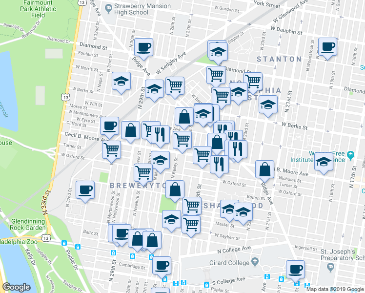 map of restaurants, bars, coffee shops, grocery stores, and more near 1717 North Bailey Street in Philadelphia