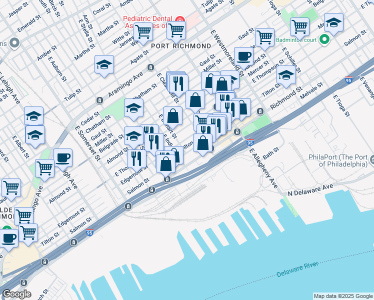 map of restaurants, bars, coffee shops, grocery stores, and more near 3024 Salmon Street in Philadelphia
