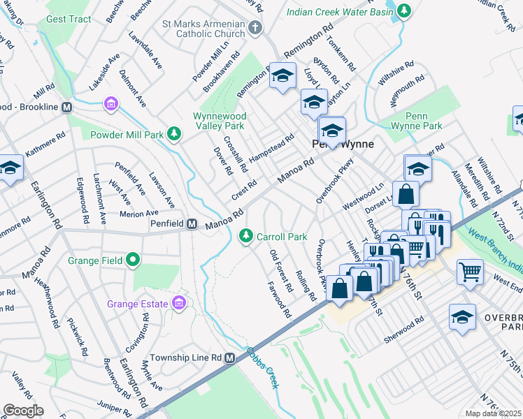 map of restaurants, bars, coffee shops, grocery stores, and more near 320 Old Forrest Road in Penn Wynne