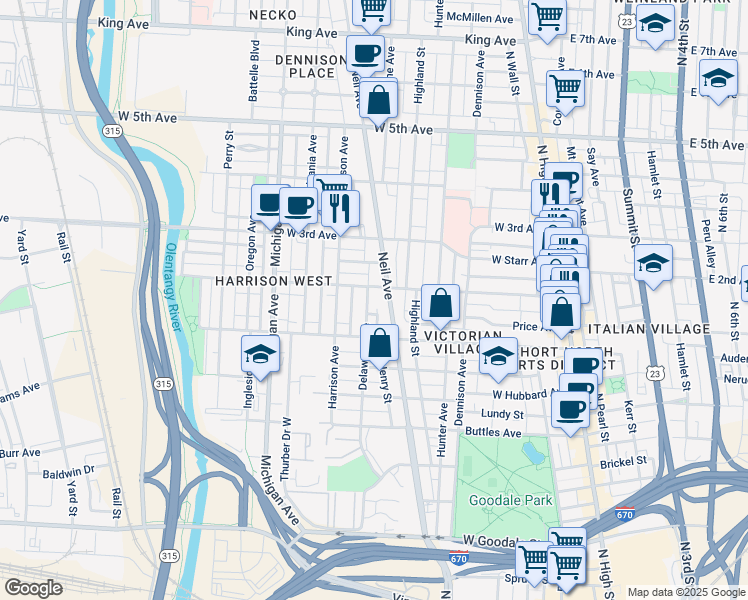map of restaurants, bars, coffee shops, grocery stores, and more near 956 Delaware Avenue in Columbus