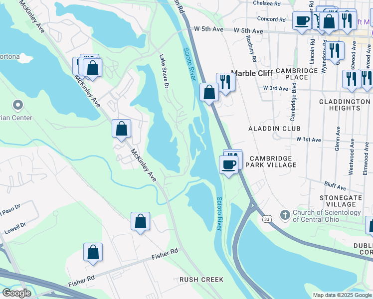 map of restaurants, bars, coffee shops, grocery stores, and more near 1405 Lake Shore Drive in Columbus