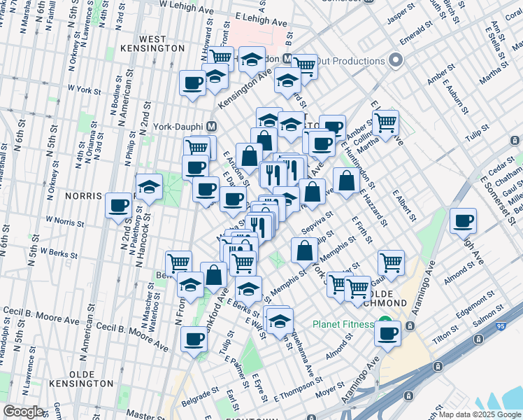 map of restaurants, bars, coffee shops, grocery stores, and more near 2117 East Dakota Street in Philadelphia