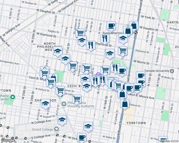 map of restaurants, bars, coffee shops, grocery stores, and more near 1830 West Montgomery Avenue in Philadelphia