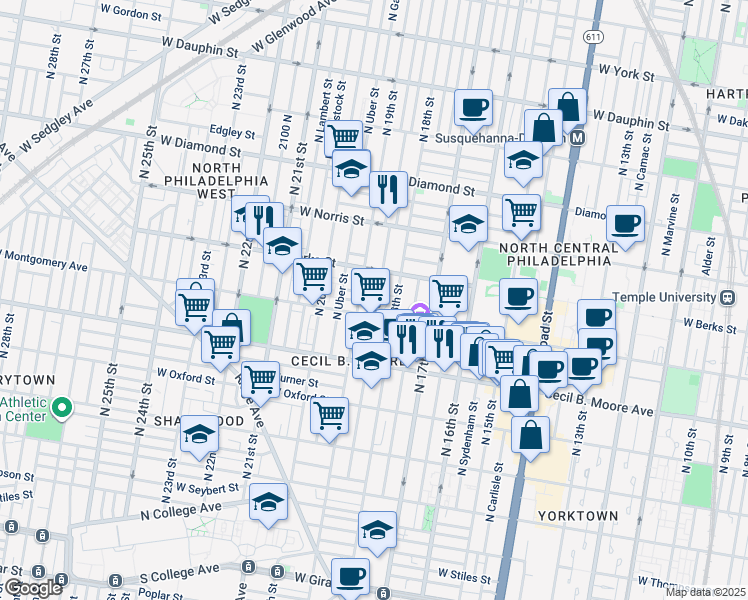 map of restaurants, bars, coffee shops, grocery stores, and more near 1814 North Gratz Street in Philadelphia