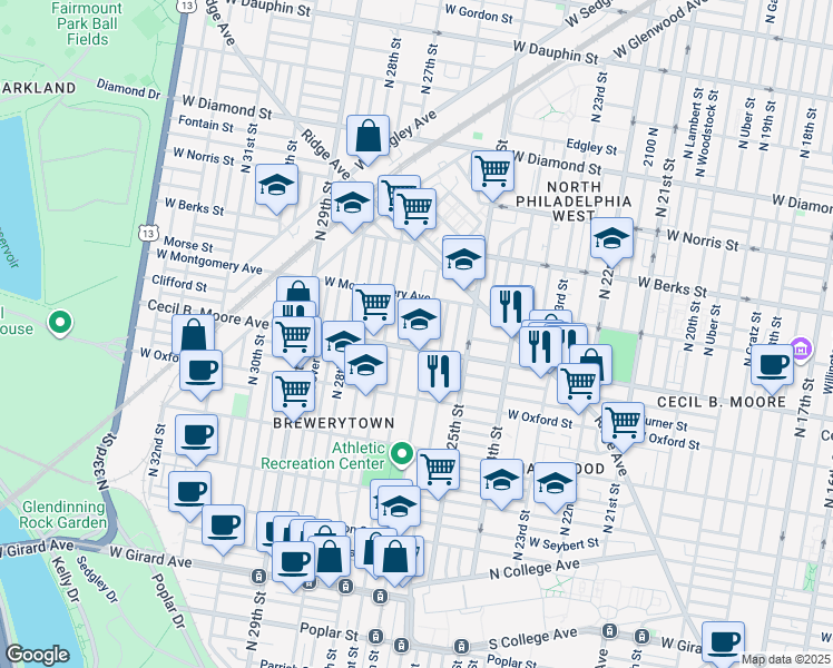 map of restaurants, bars, coffee shops, grocery stores, and more near 1717 North Bailey Street in Philadelphia