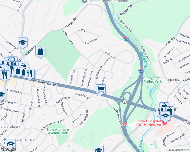map of restaurants, bars, coffee shops, grocery stores, and more near 56 North New Ardmore Avenue in Broomall