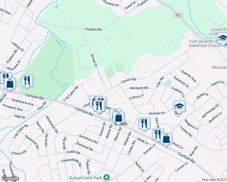 map of restaurants, bars, coffee shops, grocery stores, and more near 1952 Church Road in York