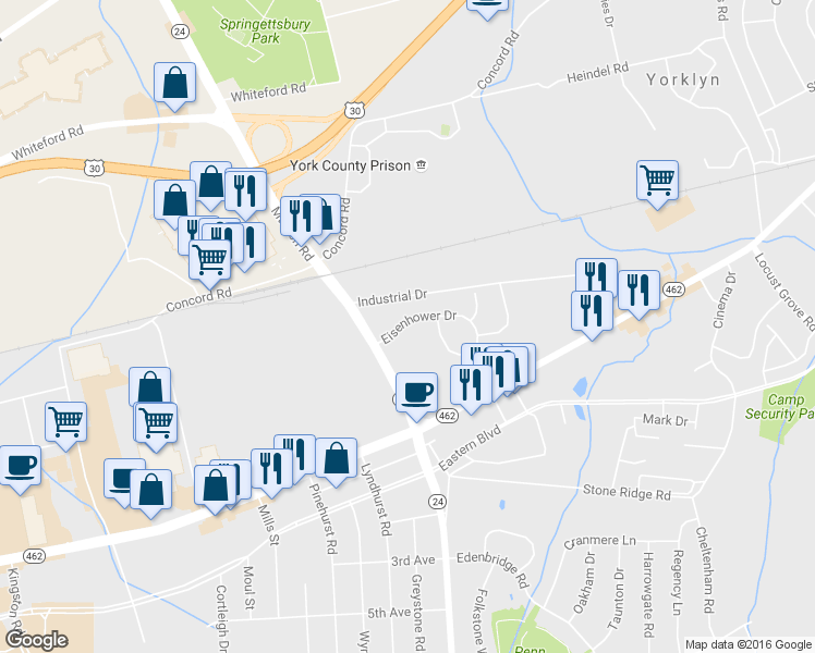 map of restaurants, bars, coffee shops, grocery stores, and more near 59 Mount Zion Road in York