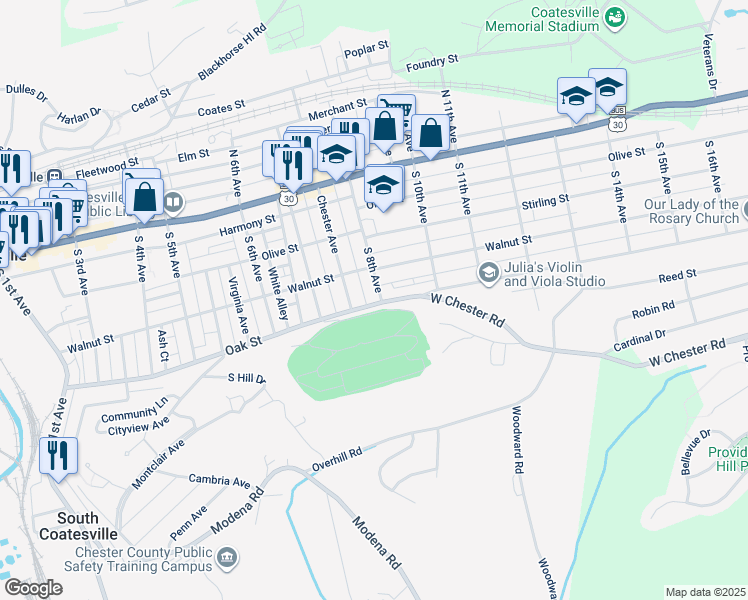 map of restaurants, bars, coffee shops, grocery stores, and more near 757 Oak Street in Coatesville