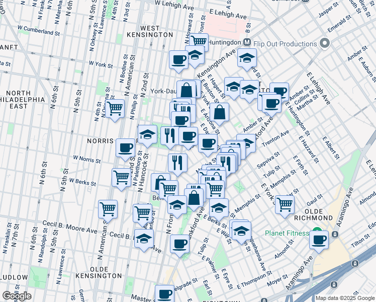 map of restaurants, bars, coffee shops, grocery stores, and more near 2041 Coral Street in Philadelphia