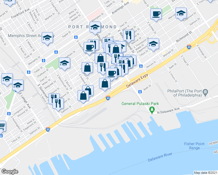 map of restaurants, bars, coffee shops, grocery stores, and more near E Clearfield St & East Clearfield S in Philadelphia
