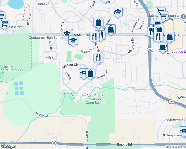 map of restaurants, bars, coffee shops, grocery stores, and more near 1310 Centaur Village Drive in Lafayette