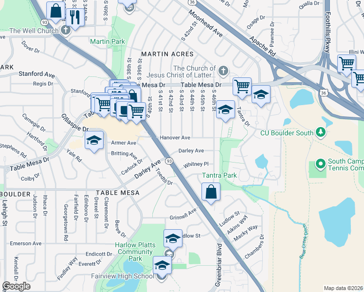 map of restaurants, bars, coffee shops, grocery stores, and more near 4300 Darley Avenue in Boulder