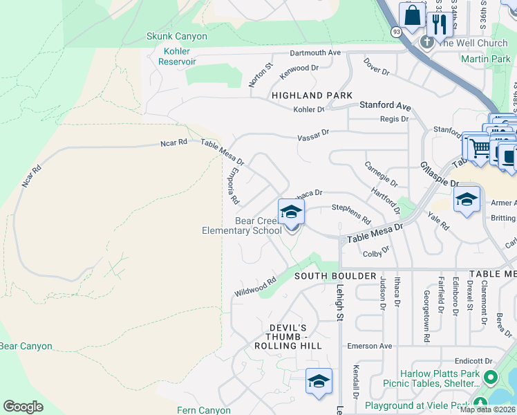 map of restaurants, bars, coffee shops, grocery stores, and more near 2390 Hillsdale Way in Boulder