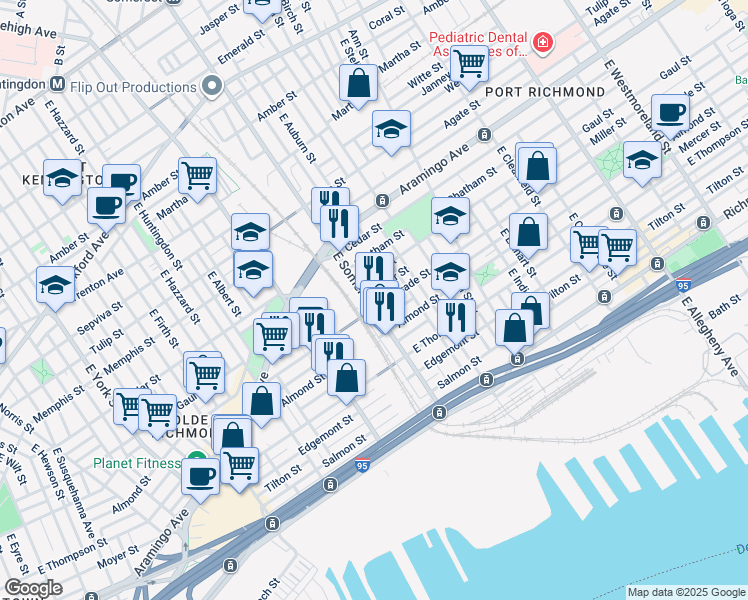 map of restaurants, bars, coffee shops, grocery stores, and more near 2541 East Seltzer Street in Philadelphia