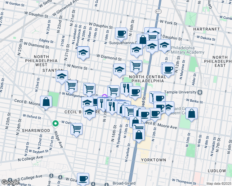 map of restaurants, bars, coffee shops, grocery stores, and more near 1813 North 16th Street in Philadelphia